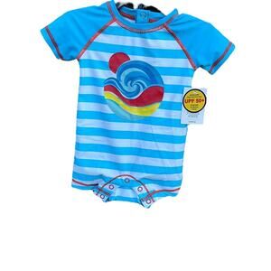 Blue & White striped ocean wave one-piece rashguard swimsuit size 6 months NEW